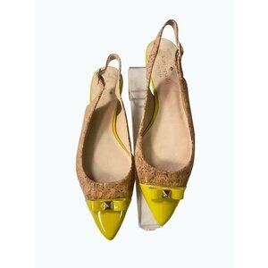 Kate Spade Ginny Cork neon yellow toe signature bow slingback mules 6 M